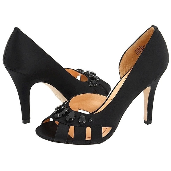 Pour la Victoire Shoes - Pour La Victoire Jamison Black Satin Jeweled Heels